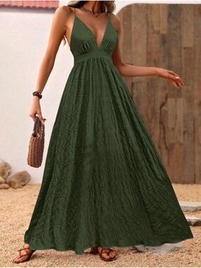 Olive Green V-Neck Maxi Dress - Women